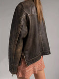 Qawach 60s Oversized Leather Jacket Women's Handmade Distressed Brown Genuine Leather