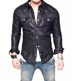 Qawach Men's Leather Shirt Casual Style Real Lambskin Black Slim Fit Leather Jacket