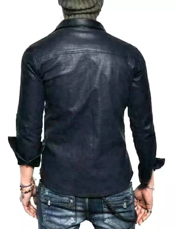 Qawach Men's Leather Shirt Casual Style Real Lambskin Black Slim Fit Leather Jacket