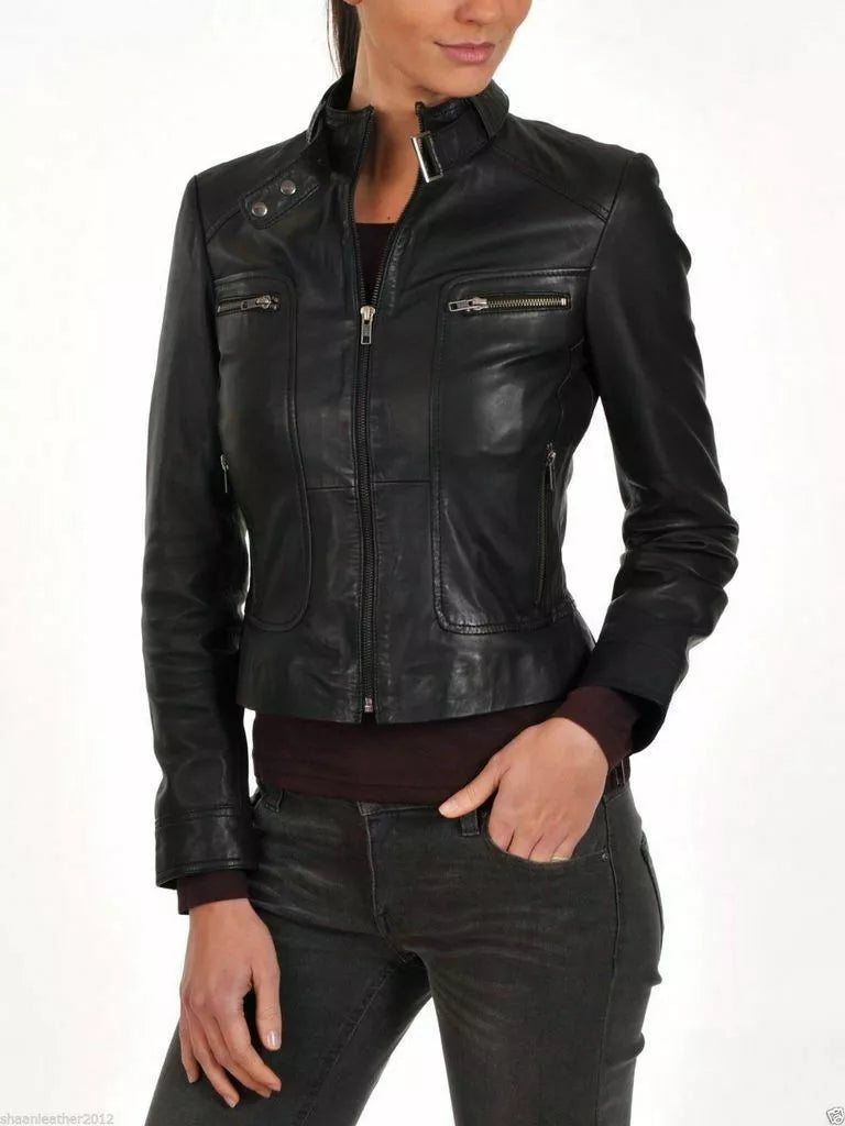 Women's Genuine Lambskin Leather Stylish Jacket Biker Motorcycle Slim Fit Coat