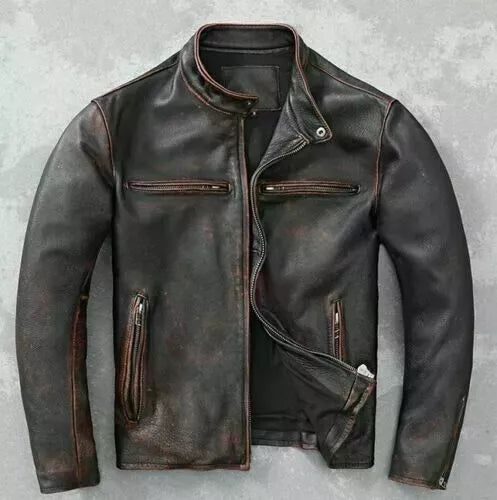 Qawach Men’s Motorcycle Biker Vintage Cafe Racer Distressed Brown Real Leather Jacket