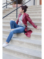MAROON LEATHER TENCH COAT FOR WOMEN'S - Qawach Leather