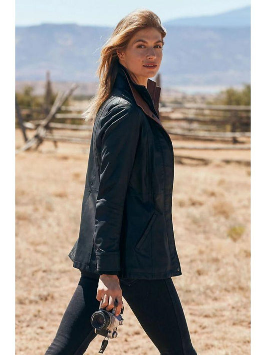 Women Black Long Lambskin Leather Jacket - Qawach Leather