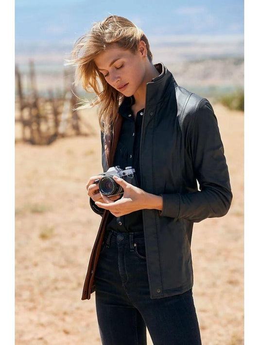 Women Black Long Lambskin Leather Jacket | QAWACH