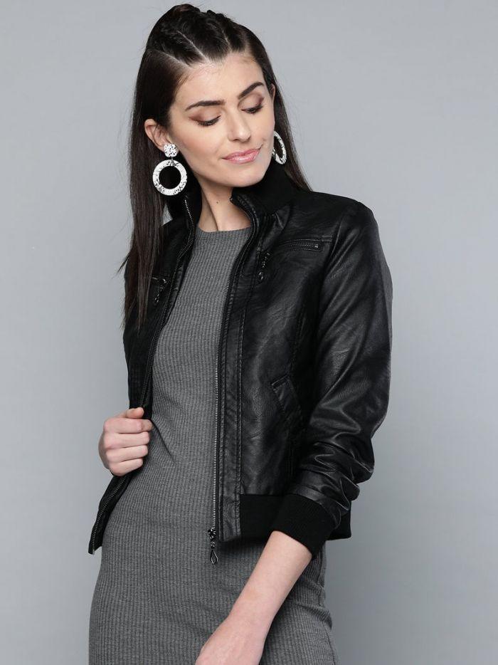 Women Classic Bomber Leather Jacket - Qawach Leather