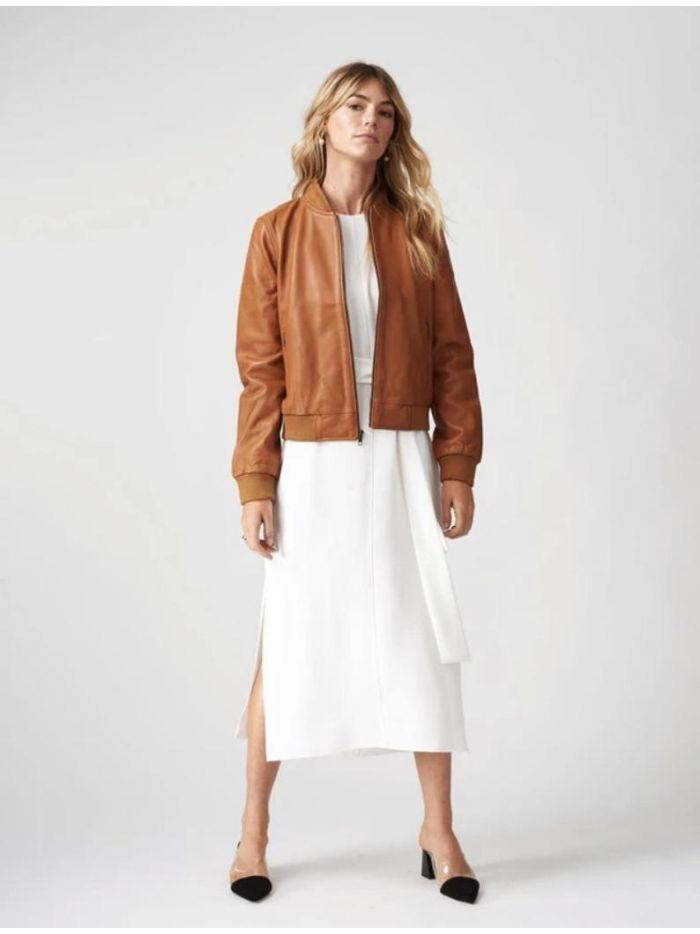 Women Tan Brown Leather Classic Bomber Jacket - Qawach Leather