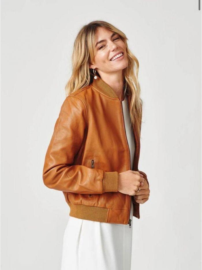Women Tan Brown Leather Classic Bomber Jacket - Qawach Leather