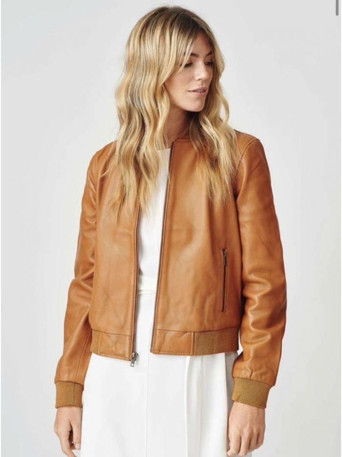 Women Tan Brown Leather Classic Bomber Jacket - Qawach Leather