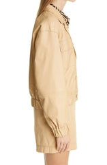 Women Beige Leather Bomber Jacket # 2 - Qawach Leather