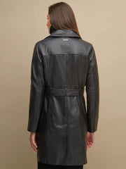 CLASSIC BLACK LEATHER BELTED TRENCH COAT - Qawach Leather