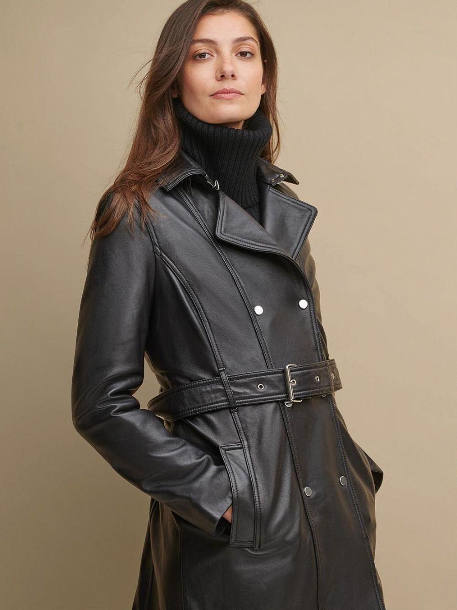 CLASSIC BLACK LEATHER BELTED TRENCH COAT - Qawach Leather