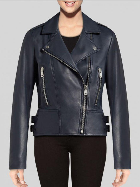 Women Blue Leather Jacket | QAWACH