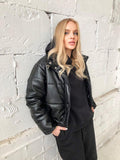 Women Crop Black Leather Puffer Jacket - Qawach Leather