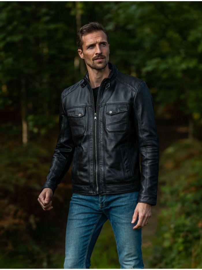 BLACK UNIQUE BIKER LEATHER JACKET - Qawach Leather