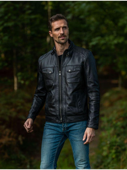 BLACK UNIQUE BIKER LEATHER JACKET - Qawach Leather