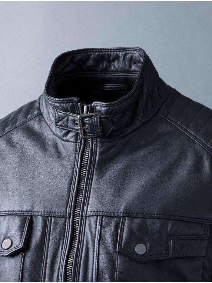 BLACK UNIQUE BIKER LEATHER JACKET - Qawach Leather