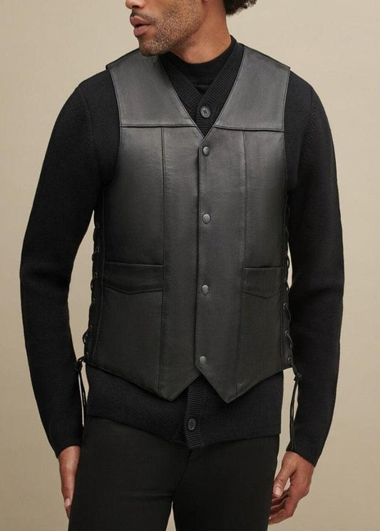 LEATHER BIKER LACE-UP LEATHER VEST - Qawach Leather